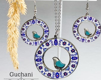 lightweight Stainless-steel Round pendant and earrings set with Persian oriental pattern and blue bird , jewelry, Christmas, Yalda