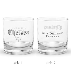 Chelsea Whiskey Glass – Nisi Dominus Frustra | EPL Bourbon Glass, CFC Fan Gift, Chelsea Rocks Glass, Blues Drinkware