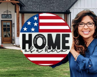 Home of a Hero Door Sign – Patriotic Military Family Door Hanger, American Flag Decor, Proud Veteran Gift, Handmade Layered Wood Sign