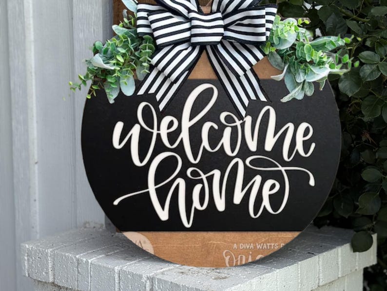 Welcome Home Door Hanger • Layered Wood Welcome Sign • Black & White ...