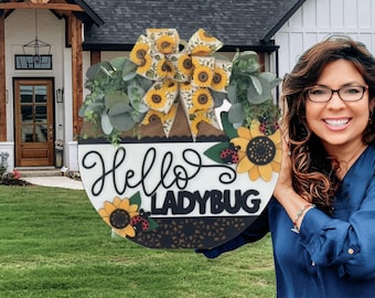 Hello Ladybug Door Sign, Sunflower Wreath, Year Round Decor, Handmade Wood Hanger