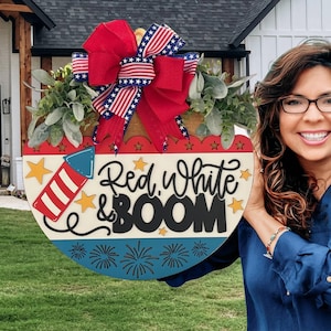 Red White and Boom Door Sign  Door Wreath