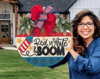 Red White and Boom Door Sign, Door Wreath