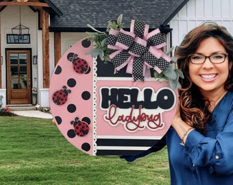 Hello Ladybug Door Sign | Wood and Ribbon Wreath | Year Round Decor