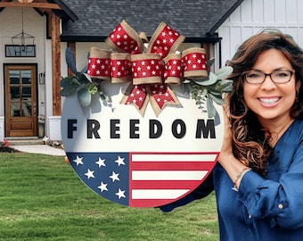 Freedom Patriotic Door Sign | Rustic Wooden USA Flag Door Hanger | Red White & Blue Porch Decor