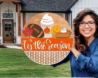 Tis the Season Fall Door Sign | Fall Door Sign |3D Layered Wood, Football & Pumpkin Spice Decor