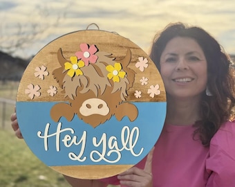 Hey Yall Highland Cow, Door Sign, Door Wreath