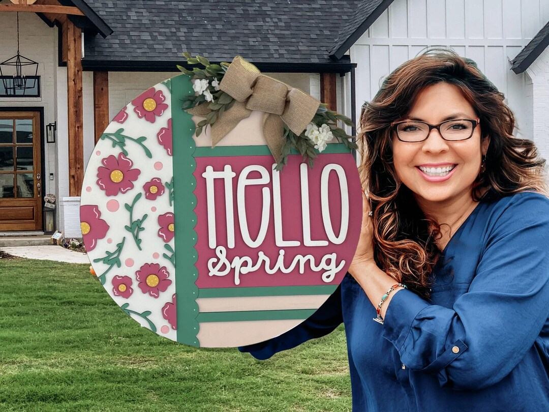 Hello Spring Flower Sign Hello Spring Flowers Door Sign, Door Wreath Round Wood Front Door Sign ...