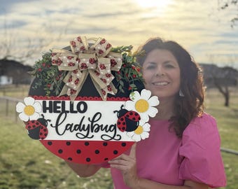 Wooden Door Hanger | Hello Ladybug Door Sign | Front Door Wreath | Front Door Decor