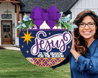 Jesus is the Reason for the Season Door Sign | Christian Christmas Wreath | Nativity Holiday Porch Décor | Religious Front Door Hanger