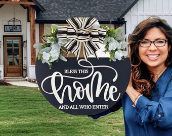Bless This Home And All Who Enter Door Sign, Door Wreath
