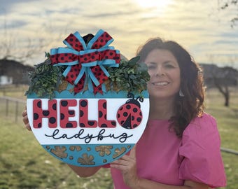 Hello Ladybug Door Sign, Handmade Wood and Ribbon Wreath, Year Round Decor