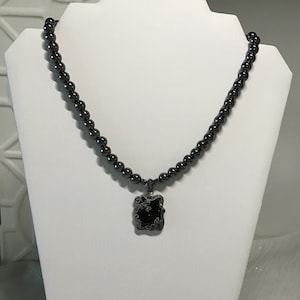 Genuine Natural Black Hematite 9mm, Black Onyx Victorian Pendant