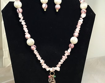 Natural Pink Agate Chips with Pink Healing Crystal Pendant and Earring Set