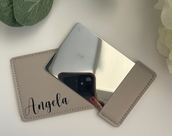 Espejo compacto personalizado, estuche de piel sintética, nombre personalizado