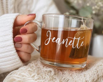 Tazza in vetro personalizzata / Tazza con nome personalizzato / Tazza da caffè in vetro / Tazza da tè personalizzata / Regalo per lei / Regalo di compleanno / Tazza in vetro trasparente