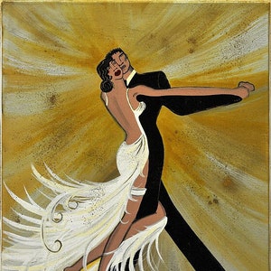 May include: A painting of a couple dancing. The woman is wearing a white dress and the man is wearing a black suit. The background is a yellow and gold color.