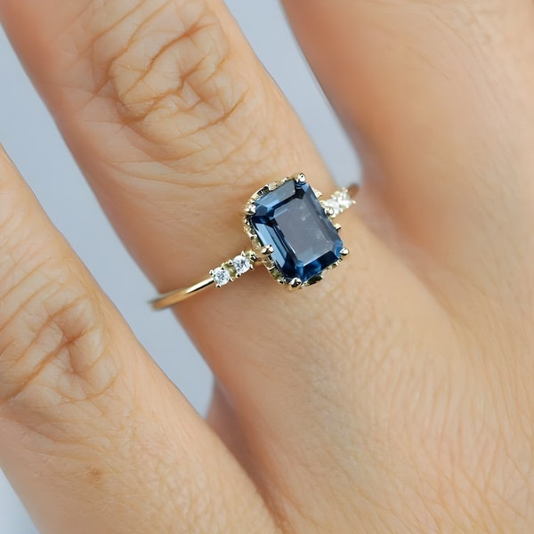 Studded November Birthstone Thin Dainty 10K Solid Gold Ring Inset Emerald Cut London Blue Topaz Ring Handmade Stacking Minimal Gemstone Ring