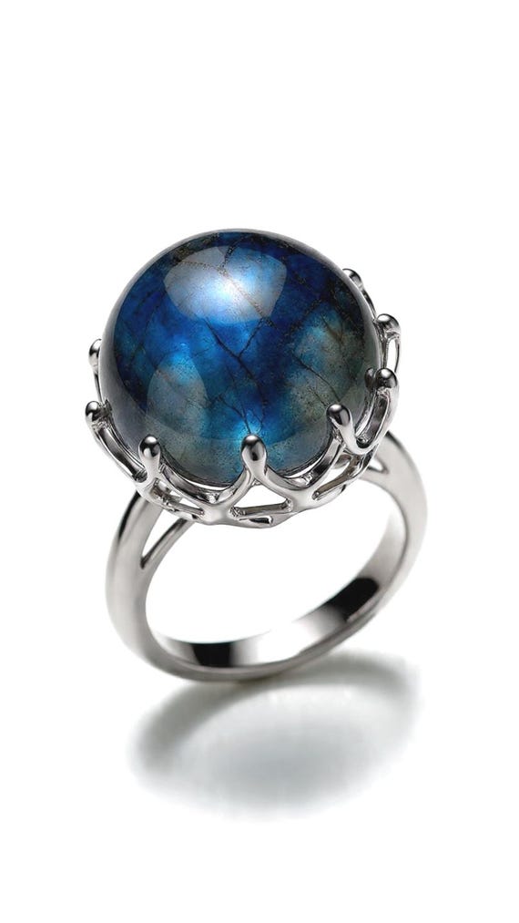 Solid 925 Silver Ring, Natural Blue Flash Round L… - image 2
