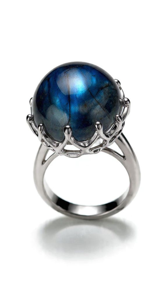 Solid 925 Silver Ring, Natural Blue Flash Round L… - image 4