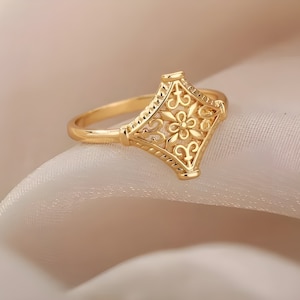 10K Solid Gold Handmade, Victorian Gold Ring For Women, Filigree Long Ring, Unique Ring, Dainty Floral Women Ring, Lace Ring, Vintage Ring.