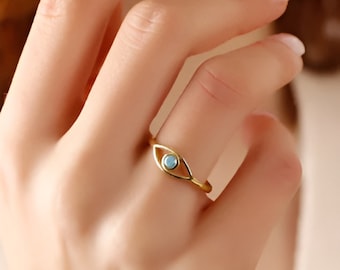 Evil Eye Ring, 10k Gold Ring, Evil Eye Protection Ring, Gemstone Friendship Stacking Rings for Her, Handmade Jewelry, Evil Eye Jewelry.