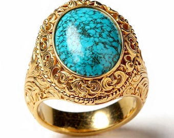 Turquoise Ring,Large turquoise Ring,Filigree Big Ring,Estate jewelry Gift for Her,Blue Bohemian Ring,Statement Chunky Gold Turquoise Ring.