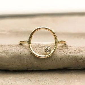 10K Gold Inset Round Cut Moissanite Ring Plain Smooth Karma Geometric Unique Dainty Open Circle Ring Handmade Minimal Stacking Circle Ring.