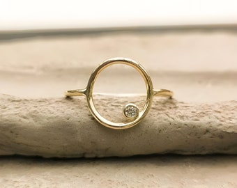 10K Gold Moissanite Circle Ring, Plain Smooth Karma Geometric Unique Dainty Open Circle Ring, Handmade Minimalist Stacking Circle Ring.