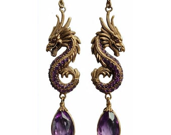 Silver Dragon Earrings,Fantasy Dangle Earring,Gothic Gift Jewelry,Amethyst Dragon Jewelry,Animal Inspired Jewelry, Dragon Statement Earrings