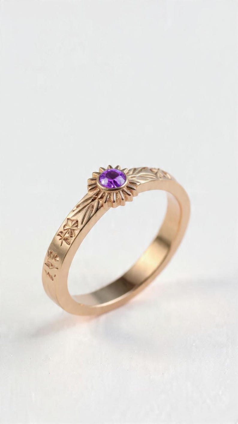 10k Solid Gold Sun Signet Ring Sunburst Engraved Celestial Amethyst ...