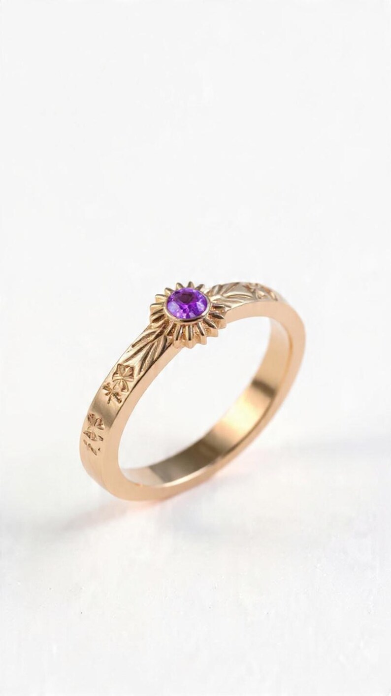 10k Solid Gold Sun Signet Ring Sunburst Engraved Celestial Amethyst ...