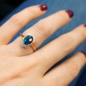 10k Oval London Blue Topaz Engagement Ring, Elegant Moissanite Halo Promise Ring, Dainty Blue Topaz Wedding Ring, Anniversary Proposal Ring.