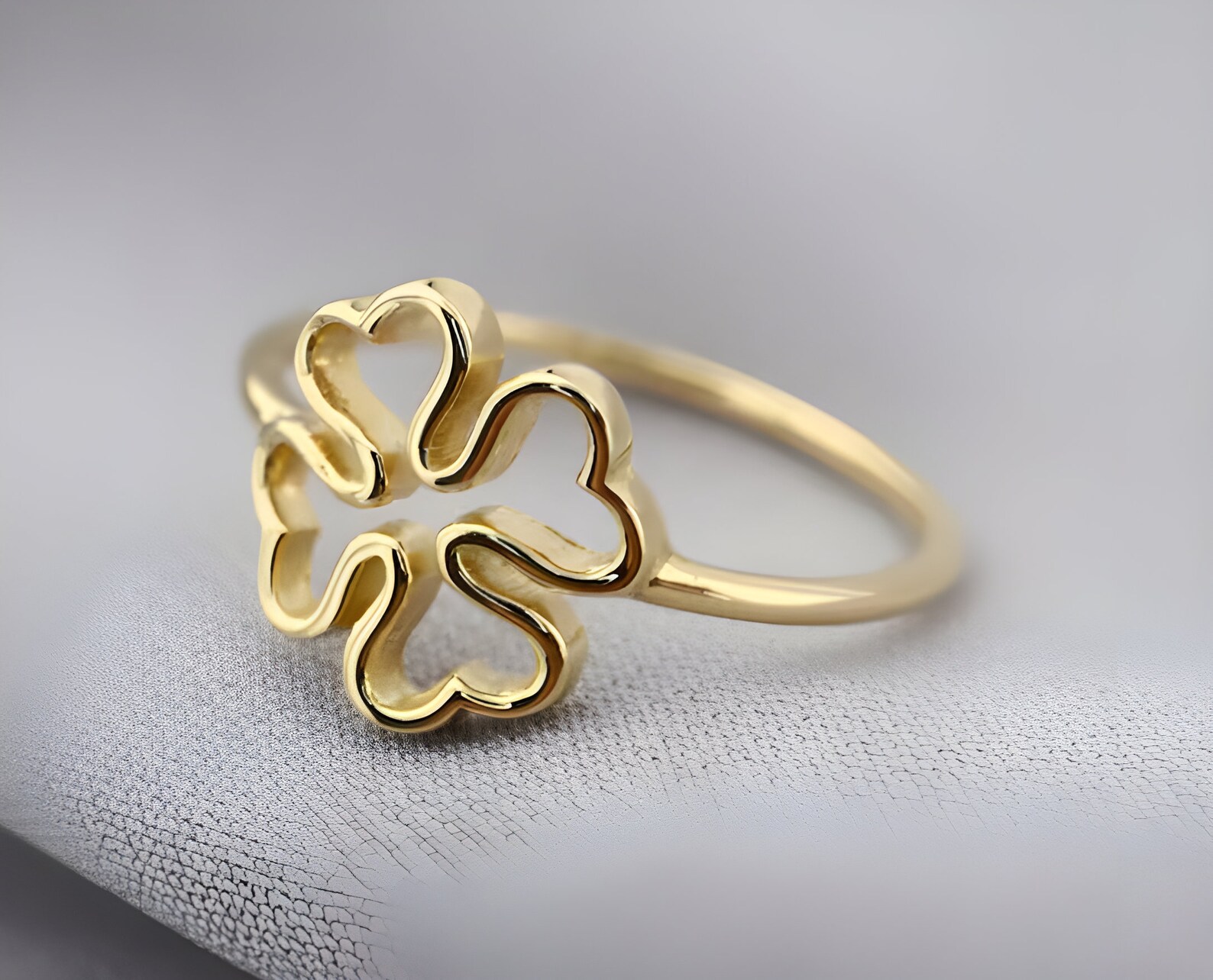 10K Gold Leaf Clover Ring, Dainty Good Luck Ring, Open Four Leaf Clover ...