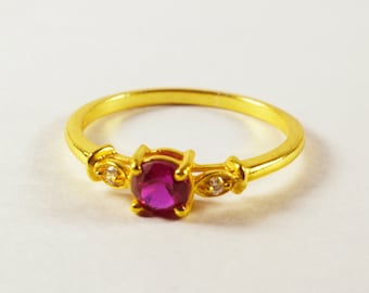 Ruby Gold Wedding Band , 10K Gold Dainty Stacking Ruby Ring, Round Ruby Stacking Ring, Minimalist Ruby Ring, Ruby Delicate Promise Ring.