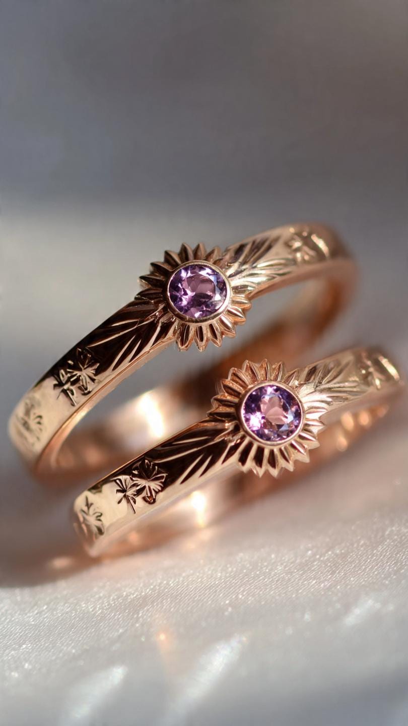 10k Solid Gold Sun Signet Ring Sunburst Engraved Celestial Amethyst ...