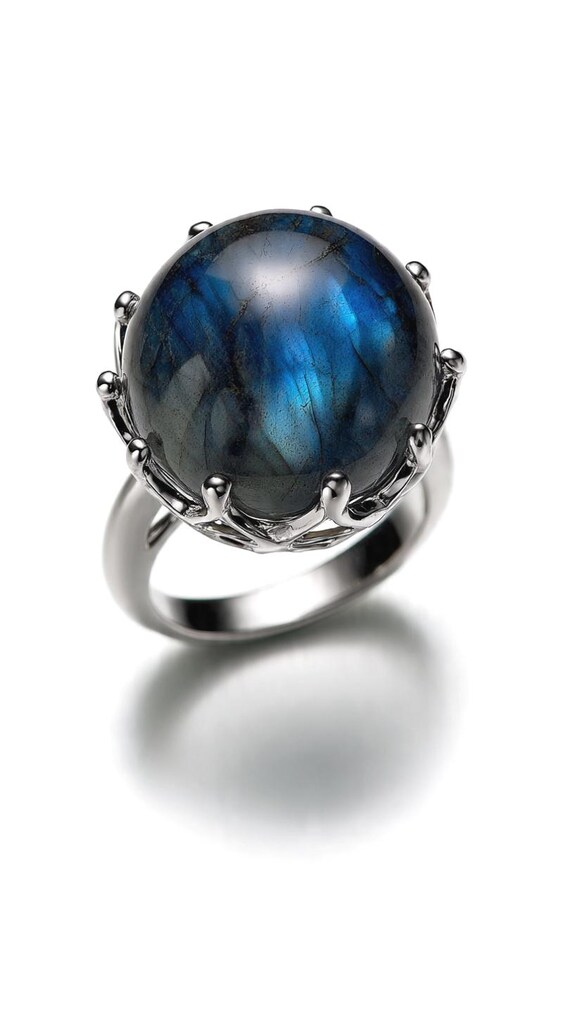 Solid 925 Silver Ring, Natural Blue Flash Round L… - image 3