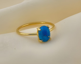 Turquoise Ring, 10K Gold Copper Turquoise Ring, Blue Gemstone Ring, Boho Statement Ring, Genuine Blue Turquoise Gold Jewelry, Gift for Her.
