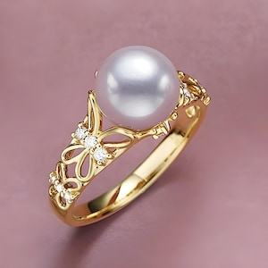 10k Gold Pearl Ring Art Deco Floral Dainty Ring for Women Pearl Solitaire Moissanite Proposal Ring Nature Stacking Handmade Promise Ring