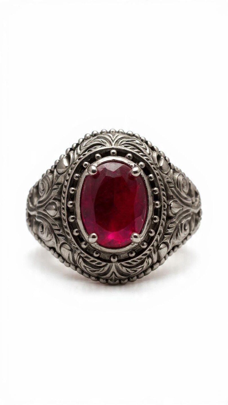 May include: A silver ring with a large, oval-cut, deep red gemstone. The ring has detailed, ornate patterns around the stone and on the band, giving it a vintage appearance. The ring is displayed on a white background.