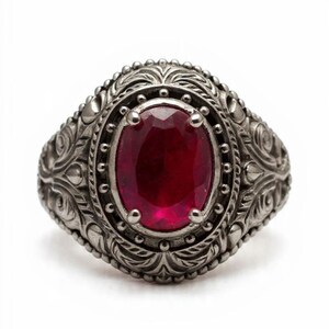 May include: A silver ring with a large, oval, deep red gemstone. The ring has detailed, ornate patterns around the gemstone and on the band, giving it a vintage look. The ring is set against a white backdrop, highlighting the design.