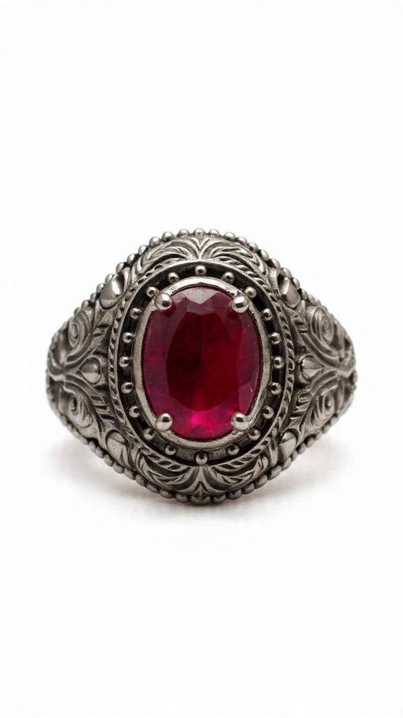May include: A silver ring with a large, oval, deep red gemstone. The ring has detailed, ornate patterns around the gemstone and on the band, giving it a vintage look. The ring is set against a white backdrop, highlighting the design.