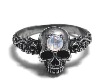 925 Sterling Silver Vintage Skull Ring Men, Skull Moon Stone  Ring, Men's Skull Ring,Handmade Skull Ring, Women's Skull Unique Ring For Her.