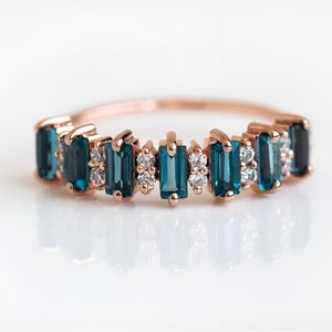 London Blue Topaz Cluster Ring Baguette Cut  Natural Gemstone 10K Gold Vintage Moissanite Promise Ring Stacking Women Christmas Gift Ring.