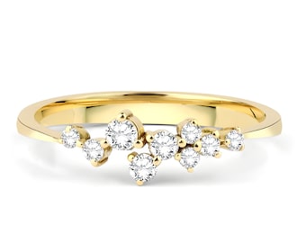 10K Solid Gold Cluster Ring, Inset Moissanite Cluster Ring, Cluster Gold Ring, Designer Cluster Ring,  Iconic Cluster Dainty Thin Gold Ring.