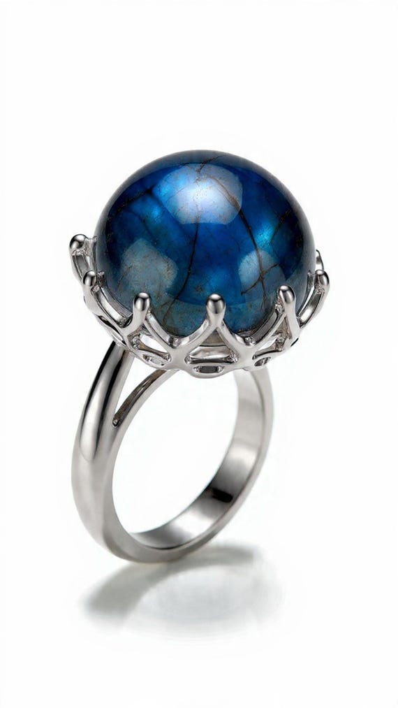 Solid 925 Silver Ring, Natural Blue Flash Round L… - image 5