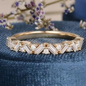 10K Solid Gold Half Eternity Baguette  Moissanite Wedding Ring, Handmade Statement Moissanite Ring Baguette Cut Matching Women Wedding Band.