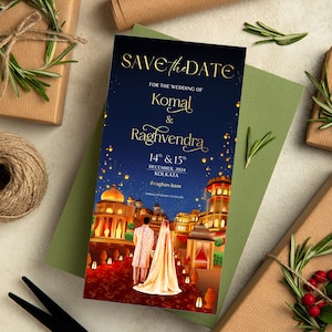 "Retenez la date" pour mariage indien | Invitation numérique du palais d'Udaipur | Faire-part de mariage pour couple indien | E-carte de mariage royal indien