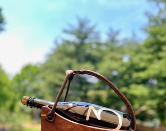 Made-to-order. Wood and Leather beer, sour beer, lambic cradle. Using hardwood to create this one of a kind bottle holder.