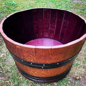 Wooden oak terrace garden pot made from a wine barrel